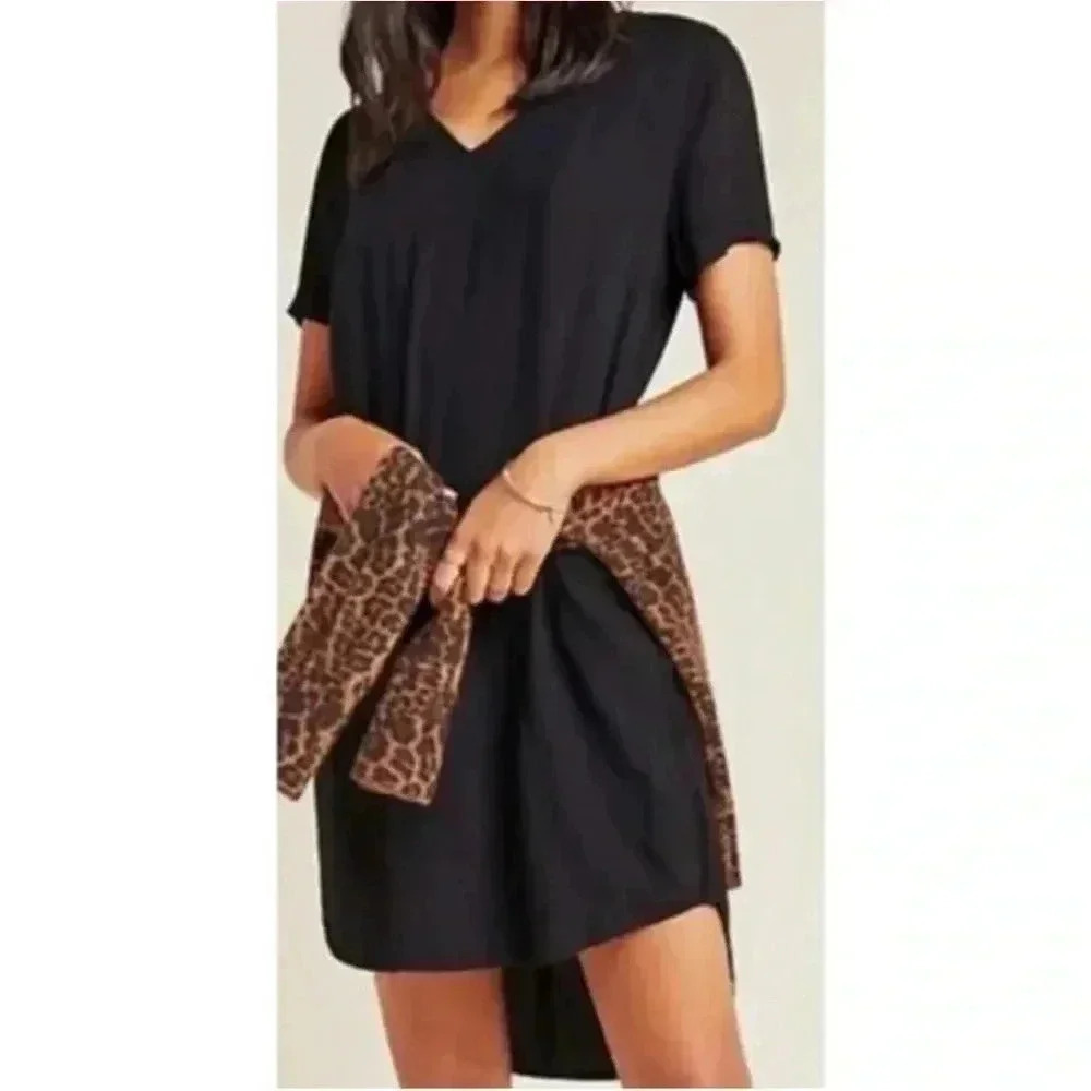 Anthropologie Cloth & Stone Vneck T-shirt Dress Hi Low Size M Black Goth Emo - Picture 2 of 11